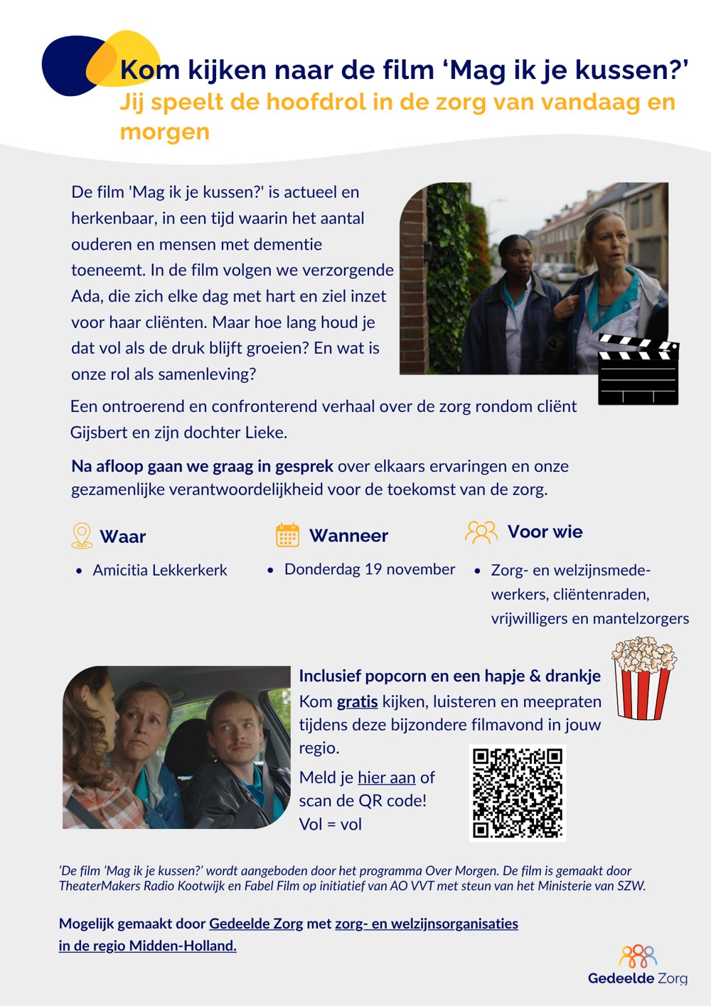 Flyer van de filmavond Mag ik je kussen? in Lekkerkerk met QR-code om je aan te melden